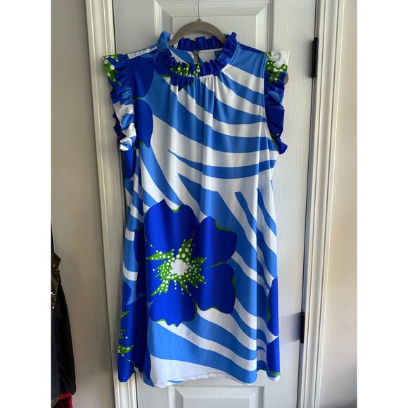 Jude Connally Blue Sleeveless Tropical Floral Print Dress Made in US Size XL - Picture 2 of 6